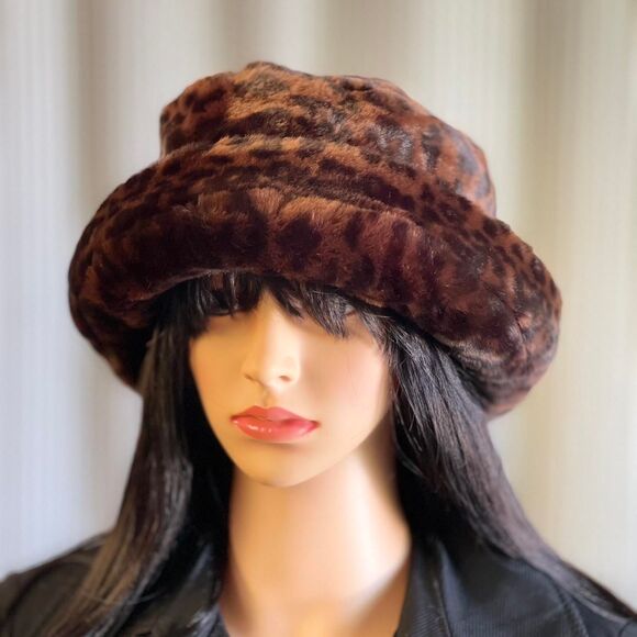 Vtg 90s Ben Berger Luxury Collection Faux Fur Leopard Print Hat Mod Cuffed Brim - Picture 3 of 8